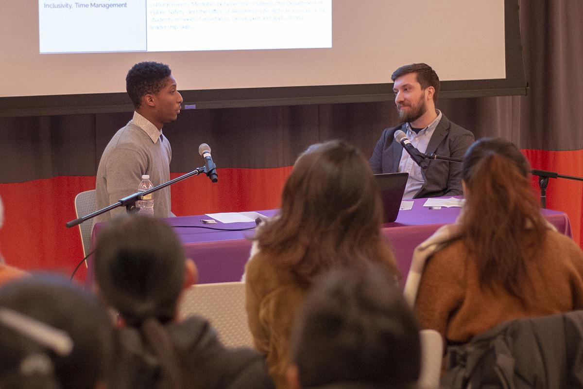 A student is interviewed as part of the Interview in the Hot Seat career program.